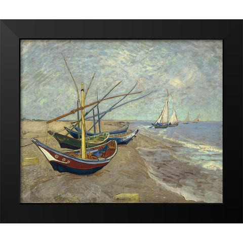 Fishing boats on the beach at Les Saintes-Maries-de-la-Mer Black Modern Wood Framed Art Print by van Gogh, Vincent