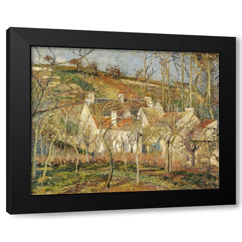 Red roofs, corner of a village, winter Black Modern Wood Framed Art Print by Pissarro, Camille