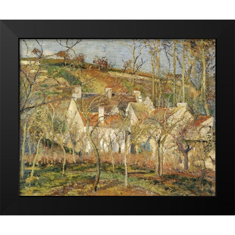 Red roofs, corner of a village, winter Black Modern Wood Framed Art Print by Pissarro, Camille