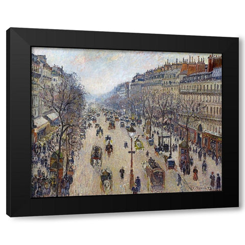 Boulevard Montmartre, Morning, Cloudy Weather Black Modern Wood Framed Art Print by Pissarro, Camille