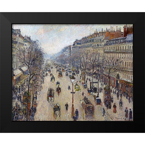 Boulevard Montmartre, Morning, Cloudy Weather Black Modern Wood Framed Art Print by Pissarro, Camille