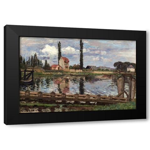 Banks of the Seine at Port Marly Black Modern Wood Framed Art Print by Pissarro, Camille
