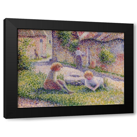 Children on a farm Black Modern Wood Framed Art Print with Double Matting by Pissarro, Camille