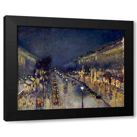 Boulevard Montmartre at night Black Modern Wood Framed Art Print by Pissarro, Camille