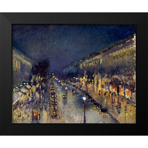 Boulevard Montmartre at night Black Modern Wood Framed Art Print by Pissarro, Camille