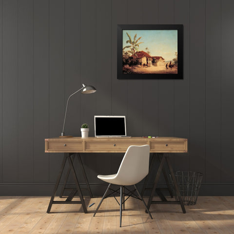 Landscape with Farmhouses and Palm Trees Black Modern Wood Framed Art Print by Pissarro, Camille