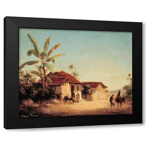 Landscape with Farmhouses and Palm Trees Black Modern Wood Framed Art Print with Double Matting by Pissarro, Camille