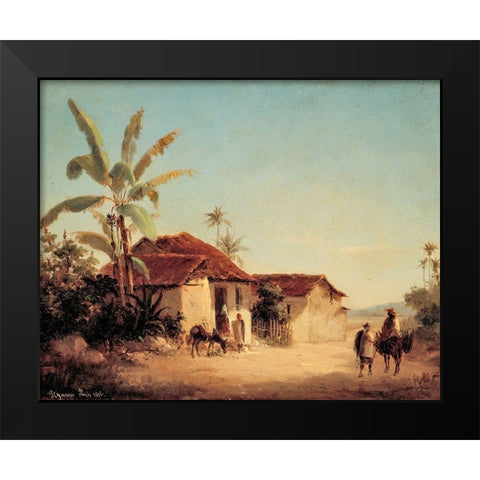 Landscape with Farmhouses and Palm Trees Black Modern Wood Framed Art Print by Pissarro, Camille