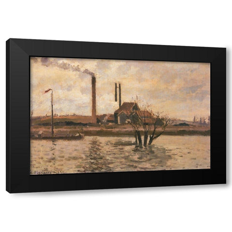 Factory at Sr Ouen-lAumone, the Flood of the Oise Black Modern Wood Framed Art Print with Double Matting by Pissarro, Camille