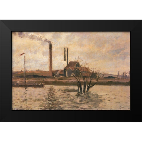 Factory at Sr Ouen-lAumone, the Flood of the Oise Black Modern Wood Framed Art Print by Pissarro, Camille