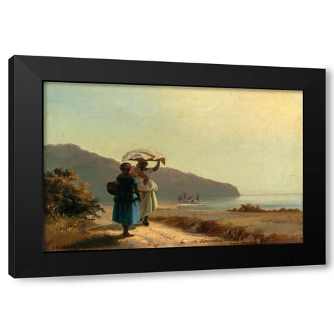 Two Women Chatting by the Sea, St. Thomas Black Modern Wood Framed Art Print with Double Matting by Pissarro, Camille