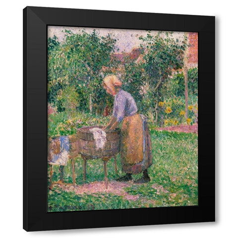 A Washerwoman at Eragny Black Modern Wood Framed Art Print with Double Matting by Pissarro, Camille