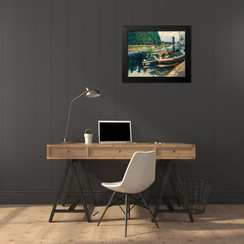 Barges at Pontoise Black Modern Wood Framed Art Print by Pissarro, Camille