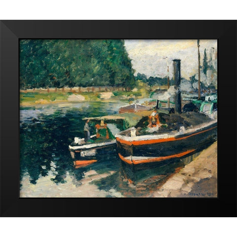 Barges at Pontoise Black Modern Wood Framed Art Print by Pissarro, Camille