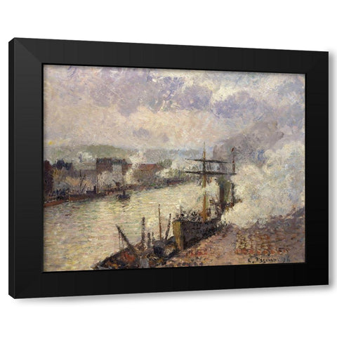 Steamboats in the Port of Rouen Black Modern Wood Framed Art Print by Pissarro, Camille
