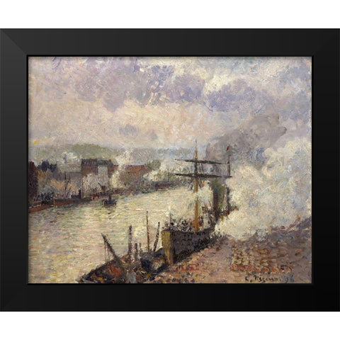 Steamboats in the Port of Rouen Black Modern Wood Framed Art Print by Pissarro, Camille