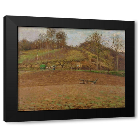 Ploughed land Black Modern Wood Framed Art Print with Double Matting by Pissarro, Camille
