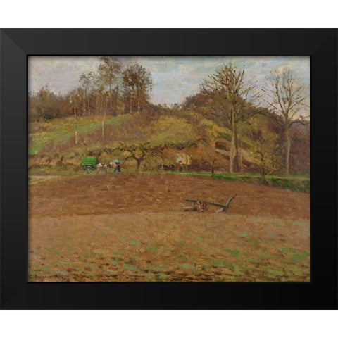 Ploughed land Black Modern Wood Framed Art Print by Pissarro, Camille