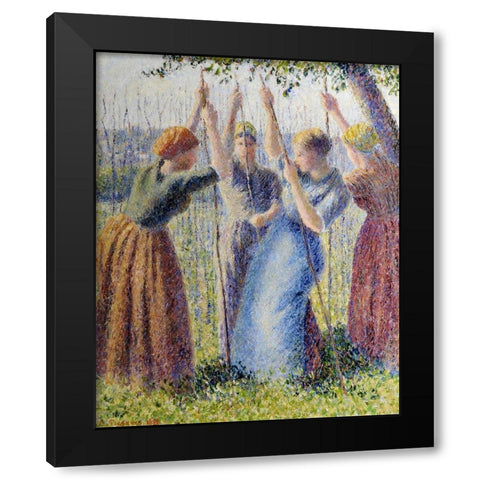 Peasant women planting Black Modern Wood Framed Art Print by Pissarro, Camille