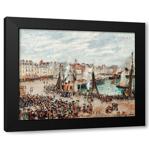 The Fish Market, Dieppe:,Grey Weather, Morning Black Modern Wood Framed Art Print with Double Matting by Pissarro, Camille