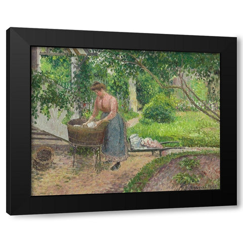 Washer in the garden, Eragny  Black Modern Wood Framed Art Print with Double Matting by Pissarro, Camille