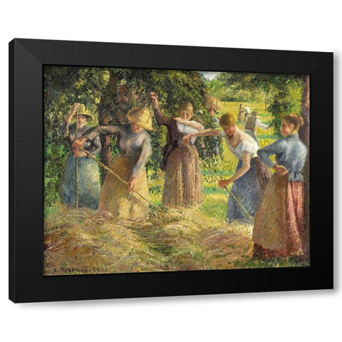 Hay Harvest at Eragny Black Modern Wood Framed Art Print with Double Matting by Pissarro, Camille