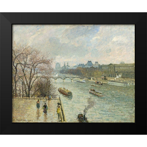 The Louvre, Afternoon, Rainy Weather Black Modern Wood Framed Art Print by Pissarro, Camille