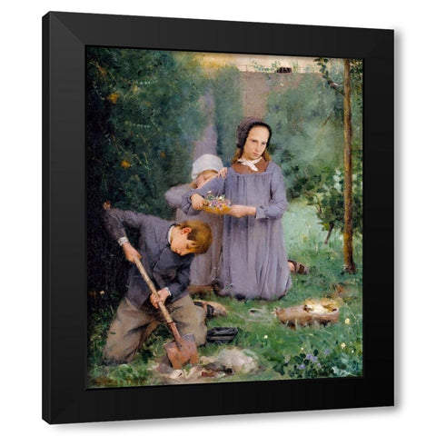 Children Burying a Bird Black Modern Wood Framed Art Print by Weir, J Alden