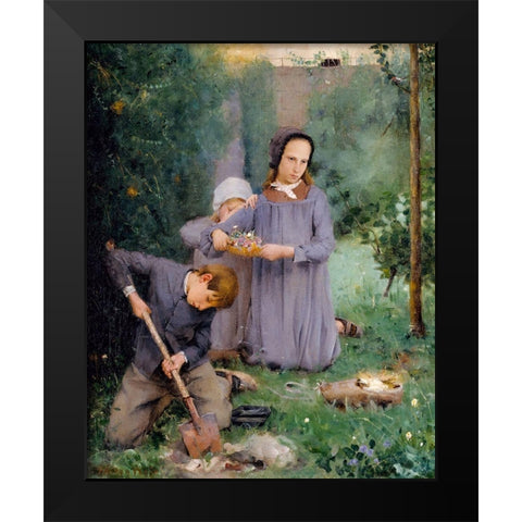 Children Burying a Bird Black Modern Wood Framed Art Print by Weir, J Alden