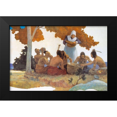 Thanksgiving with Indians Detail Black Modern Wood Framed Art Print by Wyeth, NC