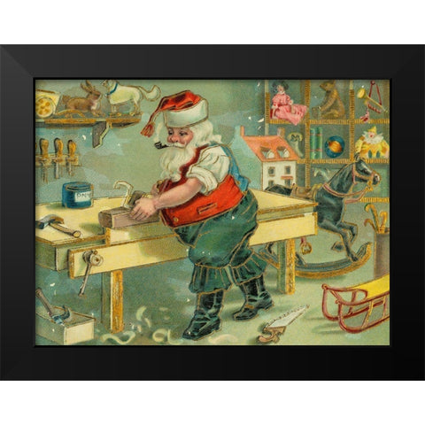 Santa Claus in workshop making toys Black Modern Wood Framed Art Print by Missouri History Museum