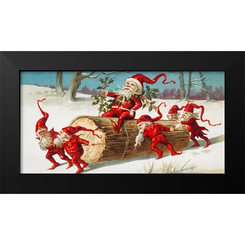 Santa elves sliding on a log Black Modern Wood Framed Art Print by Wallach, Miriam and Ira D