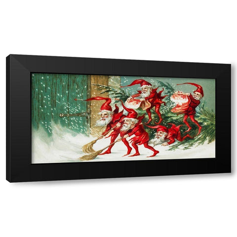 Santa elves sweeping snowÂ  Black Modern Wood Framed Art Print by Wallach, Miriam and Ira D