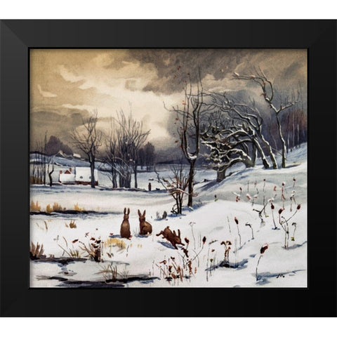 Winter Landscapes Rabbits Black Modern Wood Framed Art Print by L. Prang & Co
