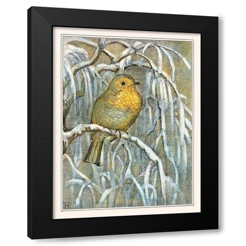 Robin on snowy tree branch Black Modern Wood Framed Art Print by Hoytema, Theo van