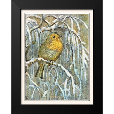 Robin on snowy tree branch Black Modern Wood Framed Art Print by Hoytema, Theo van