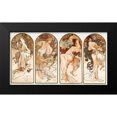 The Seasons Black Modern Wood Framed Art Print by Mucha, Alphonse