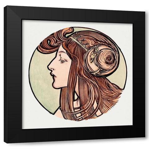 Stained glass window for the facade of the Fouquet boutique Black Modern Wood Framed Art Print by Mucha, Alphonse
