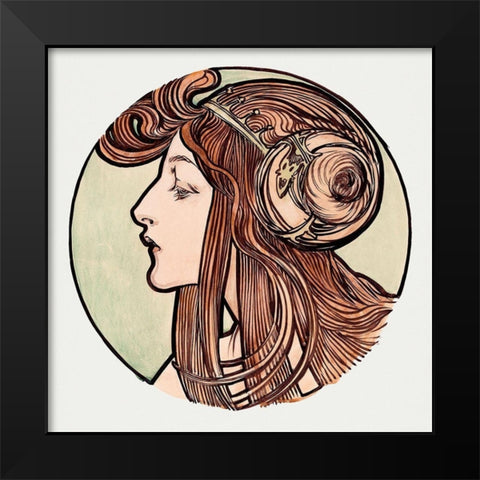 Stained glass window for the facade of the Fouquet boutique Black Modern Wood Framed Art Print by Mucha, Alphonse