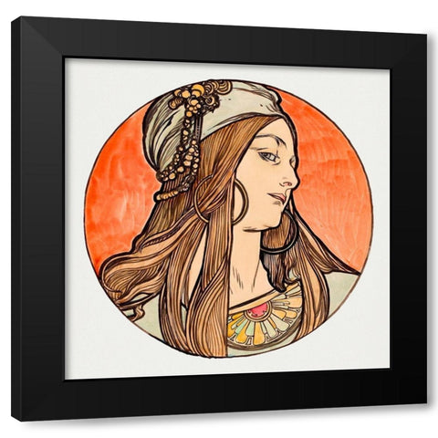 Stained glass window for the facade of the Fouquet boutique Black Modern Wood Framed Art Print by Mucha, Alphonse