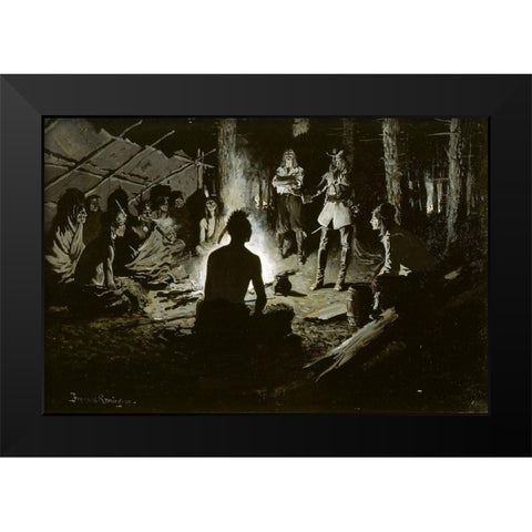 French Explorers Council with the Indians Black Modern Wood Framed Art Print by Remington, Frederic