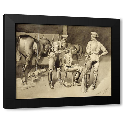 A Haircut in a Cavalry Stable Black Modern Wood Framed Art Print with Double Matting by Remington, Frederic