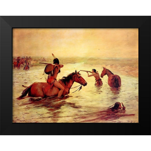In Retreat Across a Stream Black Modern Wood Framed Art Print by Shreyvogel, Charles