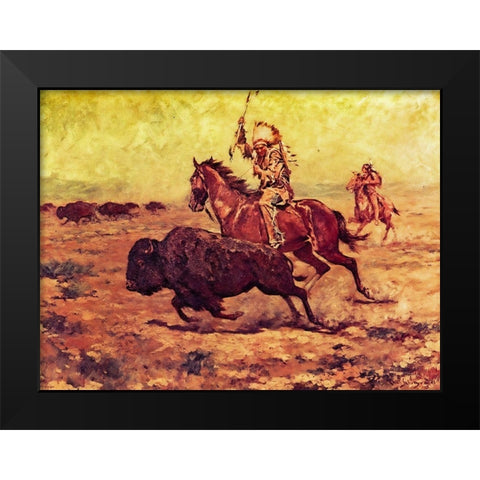 Doomed - Indian Hunting Buffalo Black Modern Wood Framed Art Print by Shreyvogel, Charles