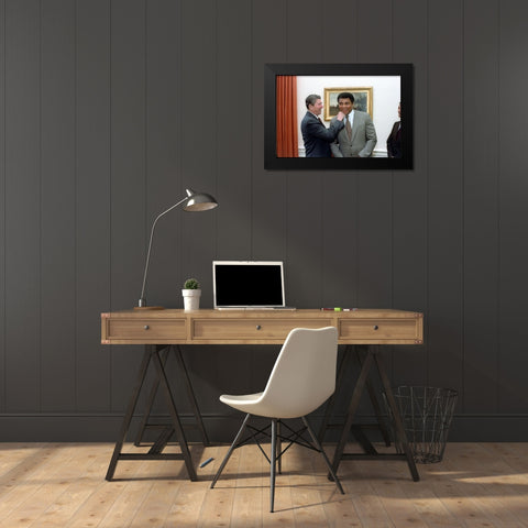President Ronald Reagan Punching Muhammad Ali in The Oval Office Black Modern Wood Framed Art Print by U.S. Archives