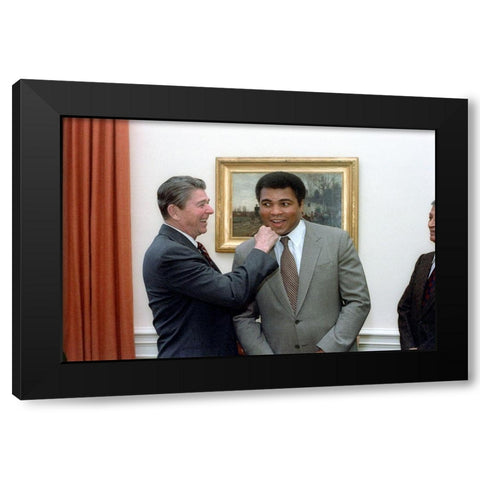 President Ronald Reagan Punching Muhammad Ali in The Oval Office Black Modern Wood Framed Art Print by U.S. Archives