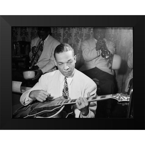 Fred Guy playing guitar at the Aquarium-New York 1946 Black Modern Wood Framed Art Print by Gottlieb, William