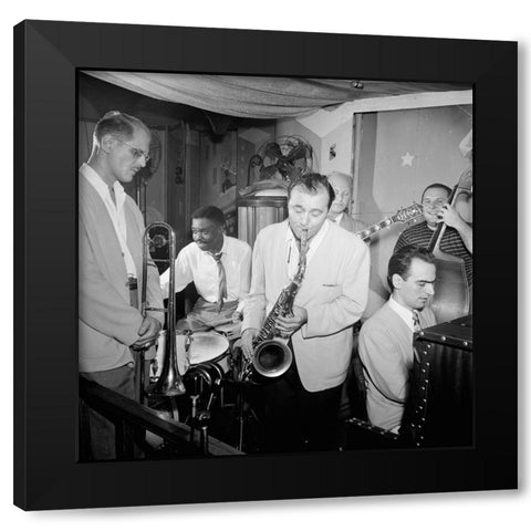Bill Harris-Denzil Best-Flip Phillips-Billy Bauer-Lennie Tristano-Chubby Jackson-1947. Pied Piper-NY Black Modern Wood Framed Art Print by Gottlieb, William