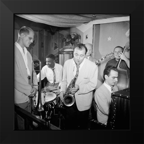 Bill Harris-Denzil Best-Flip Phillips-Billy Bauer-Lennie Tristano-Chubby Jackson-1947. Pied Piper-NY Black Modern Wood Framed Art Print by Gottlieb, William