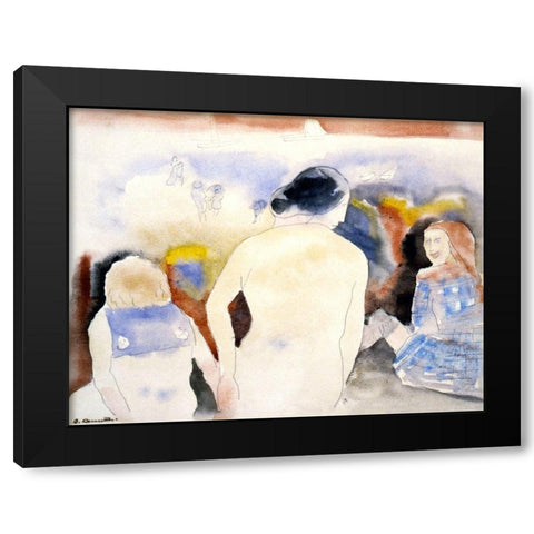 Woman with Black Hair and Two Children Black Modern Wood Framed Art Print with Double Matting by Demuth, Charles